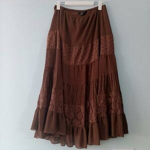 Ninety Brown Layered Floral Lace Maxi Skirt with Sequin Detail Boho Ruffle L